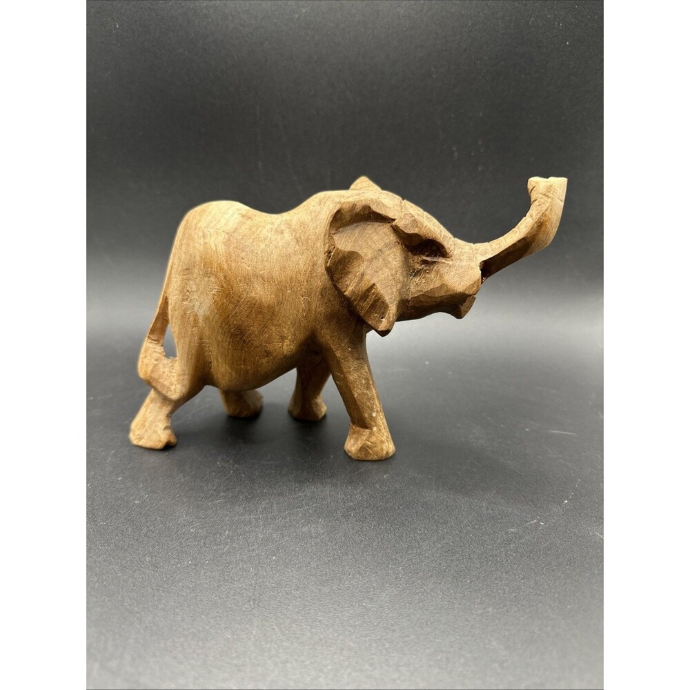 Wooden Elephant Wood Statue Animal Figure Miniature Art Table Decor Hand Carved